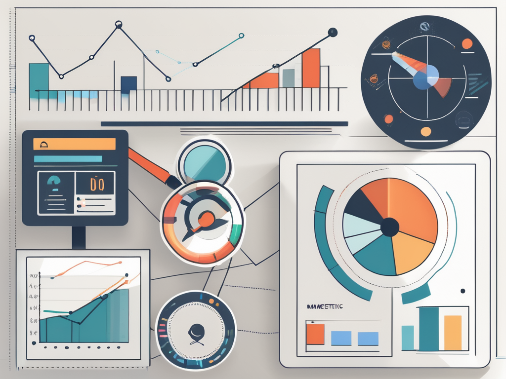 Various digital marketing tools like a magnifying glass over a social media symbol