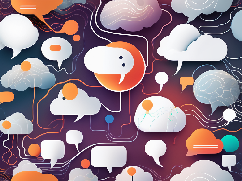 A vibrant digital landscape with various social media icons shaped as speech bubbles