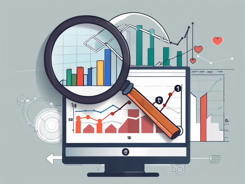 A magnifying glass hovering over a digital screen displaying a chart with rising graphs