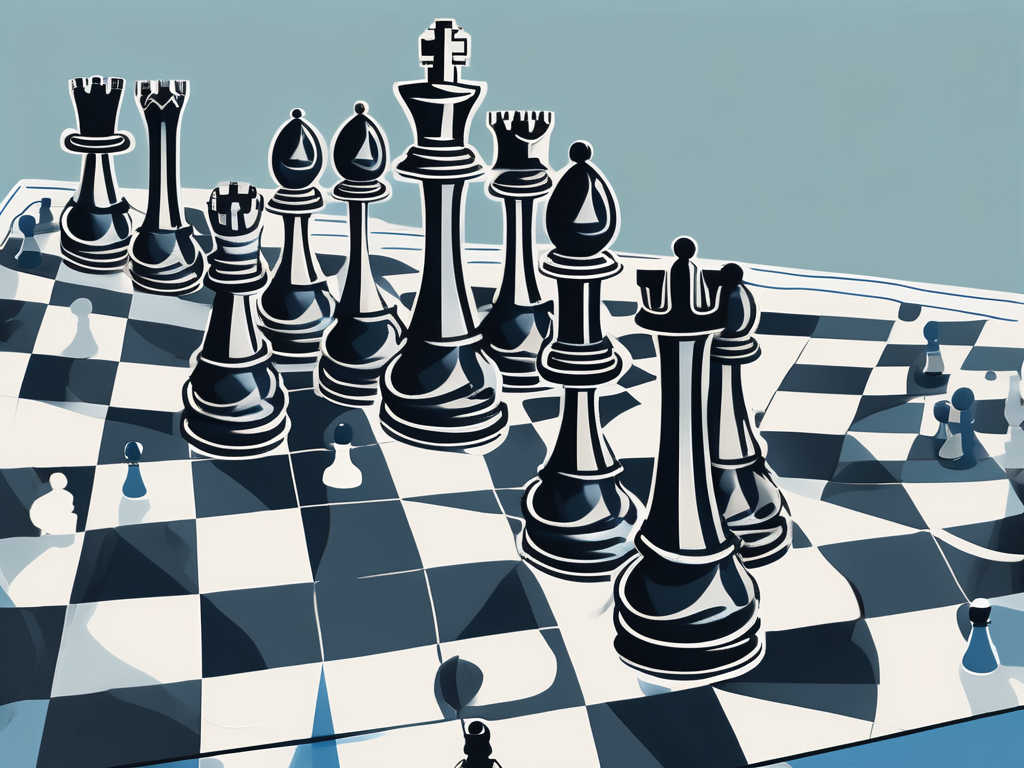 A chessboard with chess pieces strategically positioned