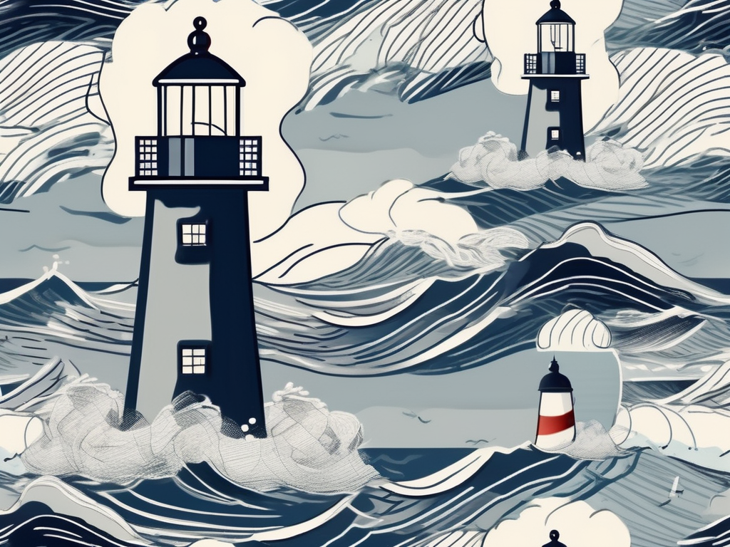 A stormy sea with a lighthouse (symbolizing crisis management) shining its light over various social media icons (facebook